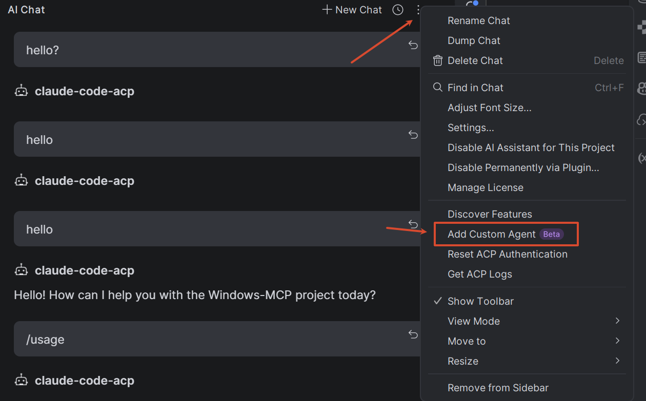 点击`Options - Add Custom Agent`，修改ACP配置